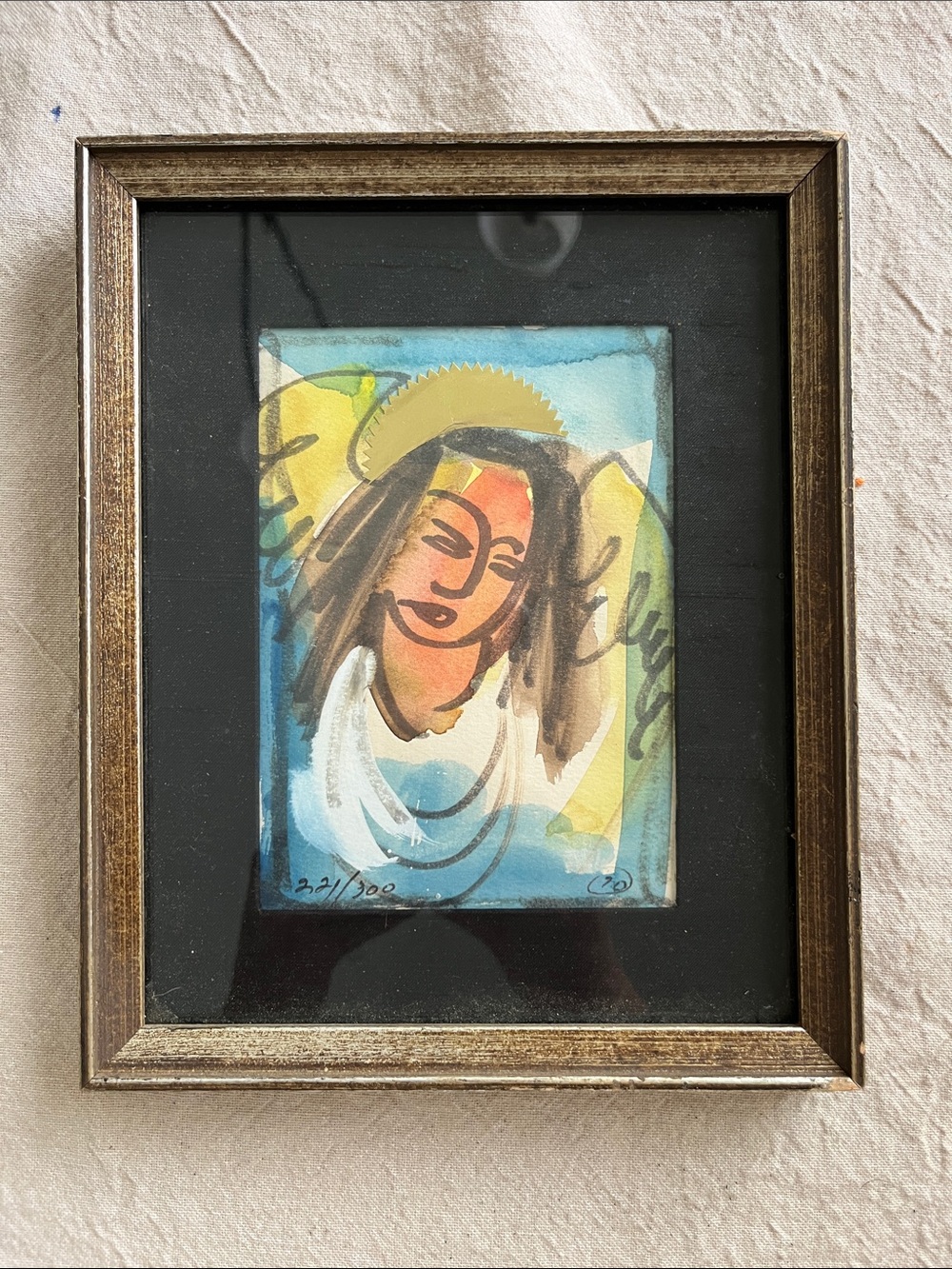 Framed Abstract Angel Watercolor Art Print in Blue and Yellow